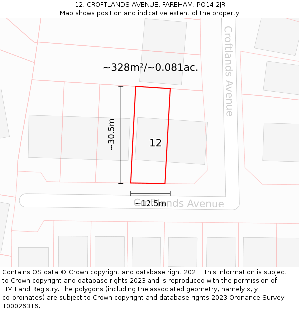 12, CROFTLANDS AVENUE, FAREHAM, PO14 2JR: Plot and title map