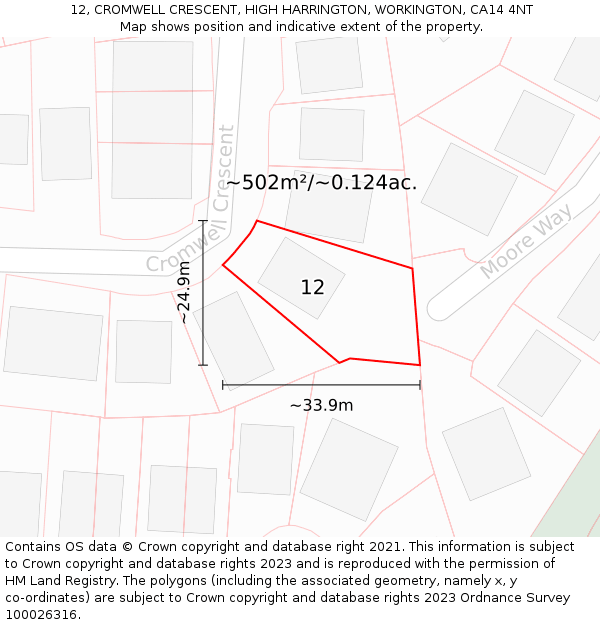 12, CROMWELL CRESCENT, HIGH HARRINGTON, WORKINGTON, CA14 4NT: Plot and title map