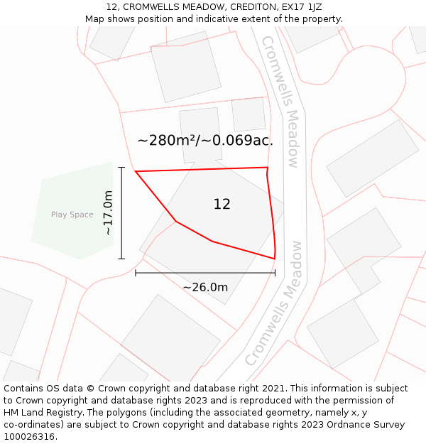 12, CROMWELLS MEADOW, CREDITON, EX17 1JZ: Plot and title map