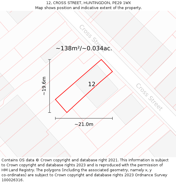 12, CROSS STREET, HUNTINGDON, PE29 1WX: Plot and title map