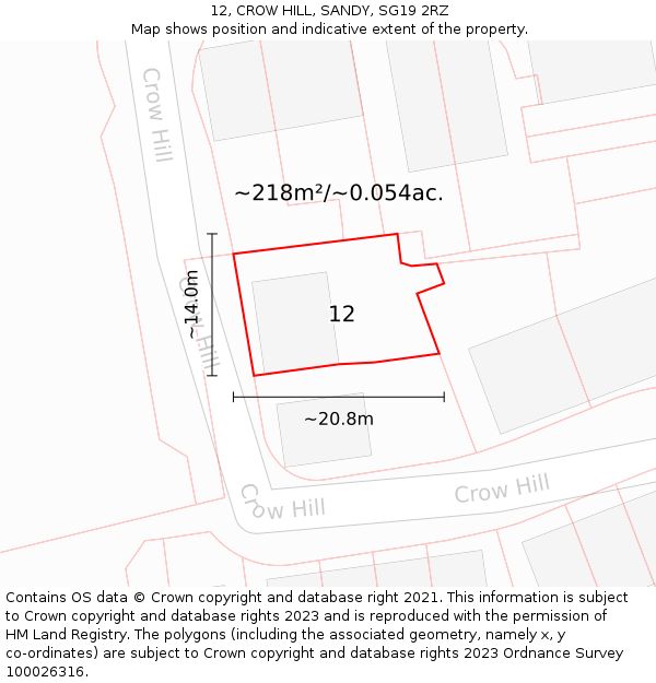 12, CROW HILL, SANDY, SG19 2RZ: Plot and title map