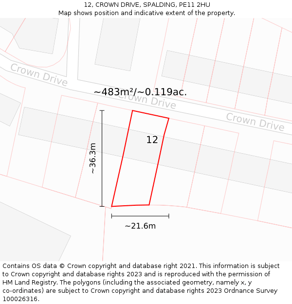 12, CROWN DRIVE, SPALDING, PE11 2HU: Plot and title map