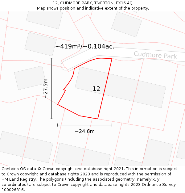 12, CUDMORE PARK, TIVERTON, EX16 4QJ: Plot and title map