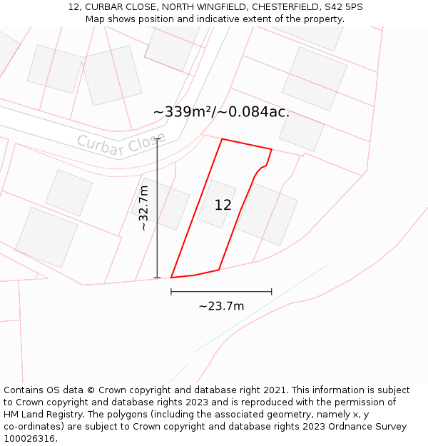 12, CURBAR CLOSE, NORTH WINGFIELD, CHESTERFIELD, S42 5PS: Plot and title map