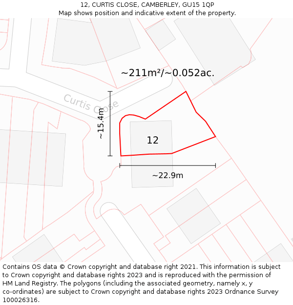 12, CURTIS CLOSE, CAMBERLEY, GU15 1QP: Plot and title map