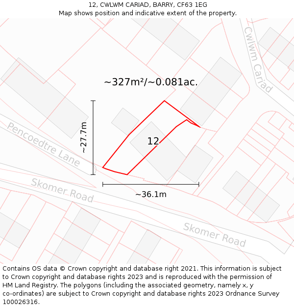 12, CWLWM CARIAD, BARRY, CF63 1EG: Plot and title map