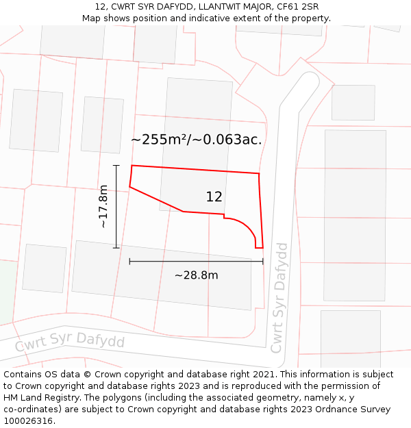 12, CWRT SYR DAFYDD, LLANTWIT MAJOR, CF61 2SR: Plot and title map