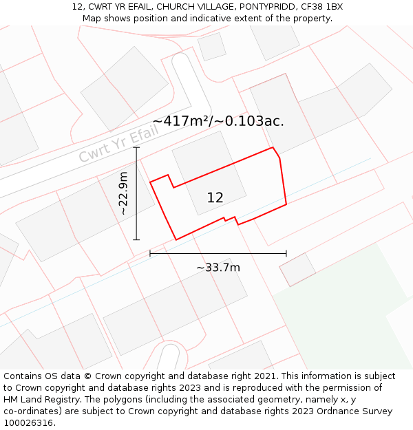 12, CWRT YR EFAIL, CHURCH VILLAGE, PONTYPRIDD, CF38 1BX: Plot and title map