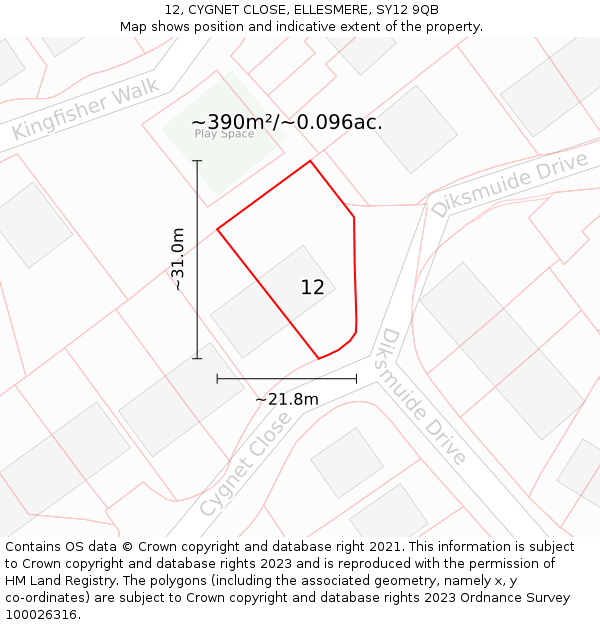 12, CYGNET CLOSE, ELLESMERE, SY12 9QB: Plot and title map