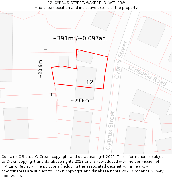 12, CYPRUS STREET, WAKEFIELD, WF1 2RW: Plot and title map