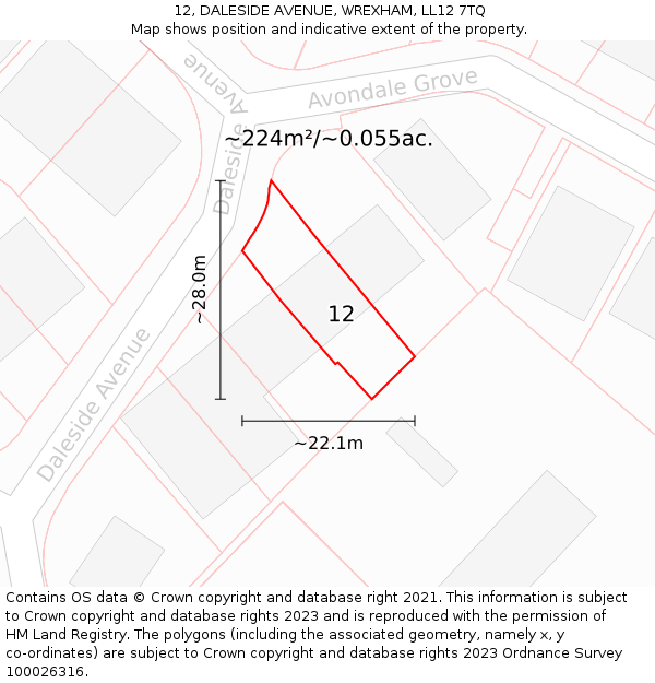 12, DALESIDE AVENUE, WREXHAM, LL12 7TQ: Plot and title map