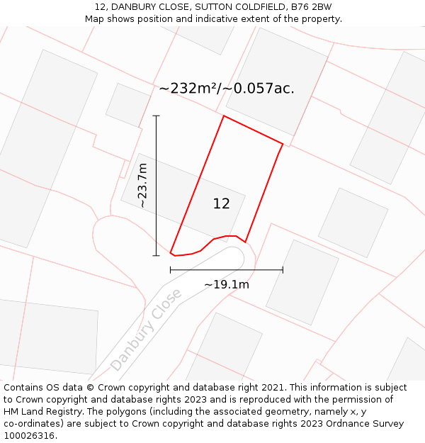 12, DANBURY CLOSE, SUTTON COLDFIELD, B76 2BW: Plot and title map