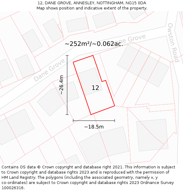 12, DANE GROVE, ANNESLEY, NOTTINGHAM, NG15 0DA: Plot and title map