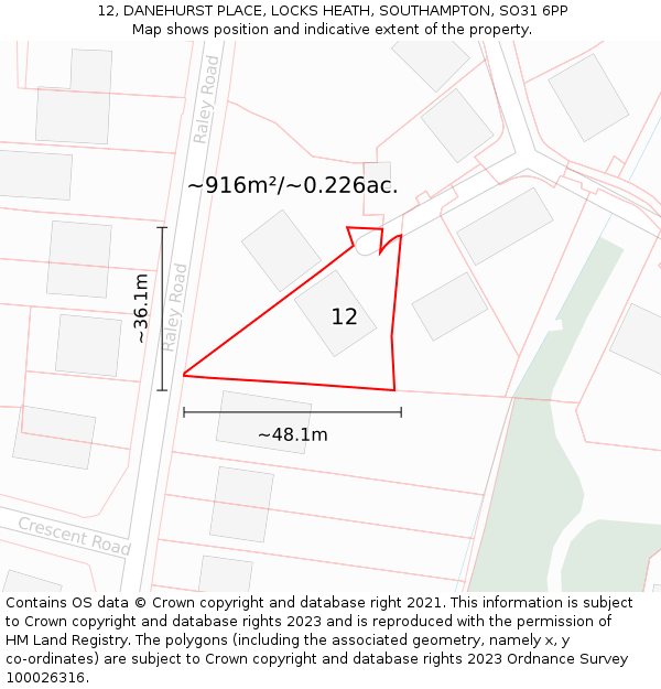 12, DANEHURST PLACE, LOCKS HEATH, SOUTHAMPTON, SO31 6PP: Plot and title map