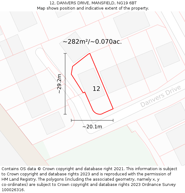 12, DANVERS DRIVE, MANSFIELD, NG19 6BT: Plot and title map