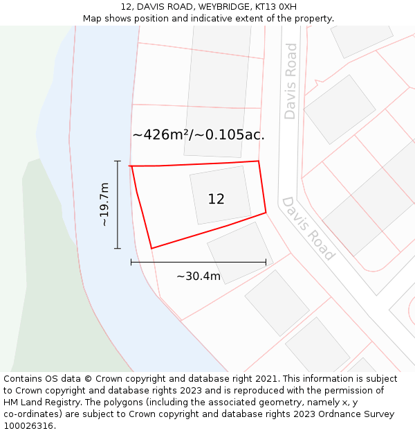 12, DAVIS ROAD, WEYBRIDGE, KT13 0XH: Plot and title map