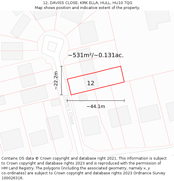 12, DAVISS CLOSE, KIRK ELLA, HULL, HU10 7QG: Plot and title map