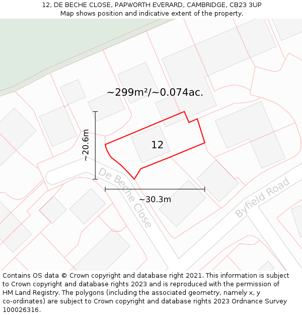 12, DE BECHE CLOSE, PAPWORTH EVERARD, CAMBRIDGE, CB23 3UP: Plot and title map