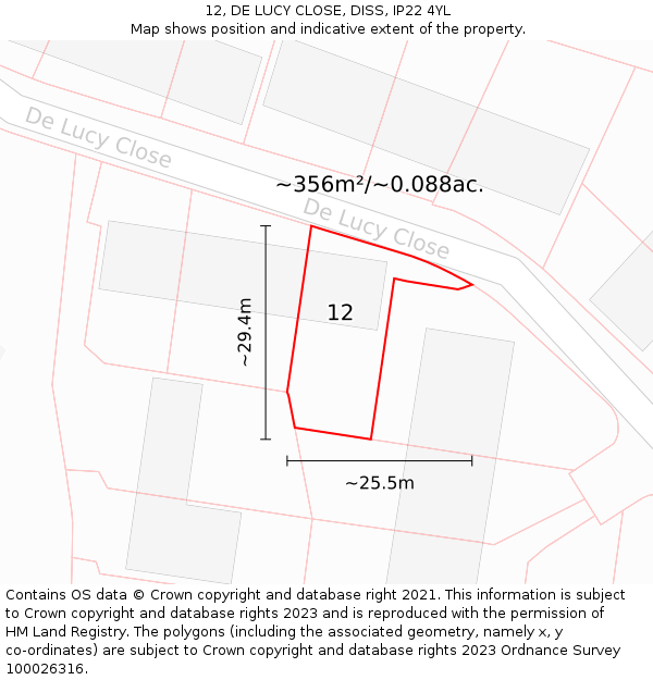 12, DE LUCY CLOSE, DISS, IP22 4YL: Plot and title map