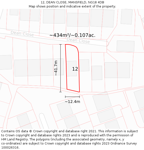 12, DEAN CLOSE, MANSFIELD, NG18 4DB: Plot and title map