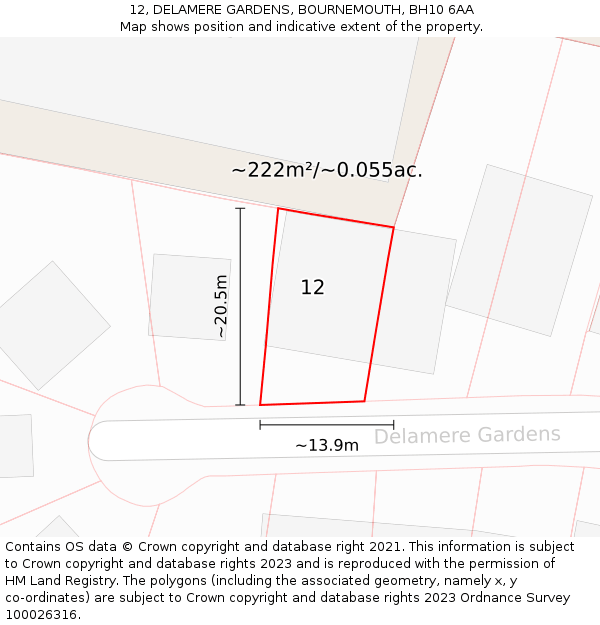 12, DELAMERE GARDENS, BOURNEMOUTH, BH10 6AA: Plot and title map
