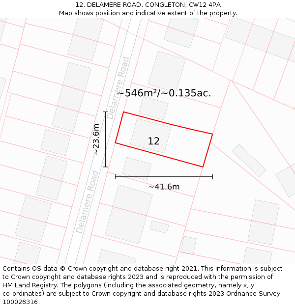 12, DELAMERE ROAD, CONGLETON, CW12 4PA: Plot and title map