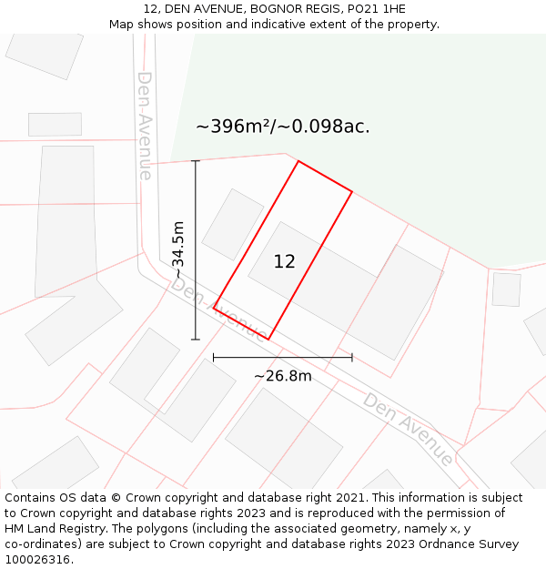 12, DEN AVENUE, BOGNOR REGIS, PO21 1HE: Plot and title map