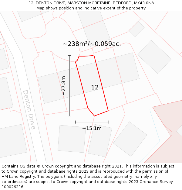 12, DENTON DRIVE, MARSTON MORETAINE, BEDFORD, MK43 0NA: Plot and title map