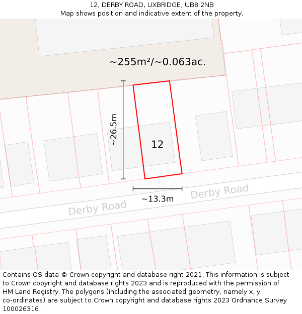 12, DERBY ROAD, UXBRIDGE, UB8 2NB: Plot and title map