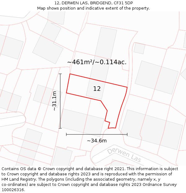 12, DERWEN LAS, BRIDGEND, CF31 5DP: Plot and title map