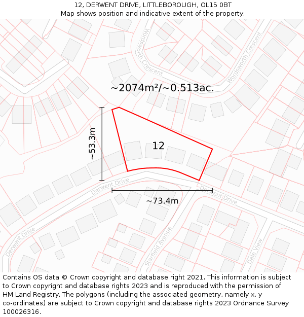 12, DERWENT DRIVE, LITTLEBOROUGH, OL15 0BT: Plot and title map