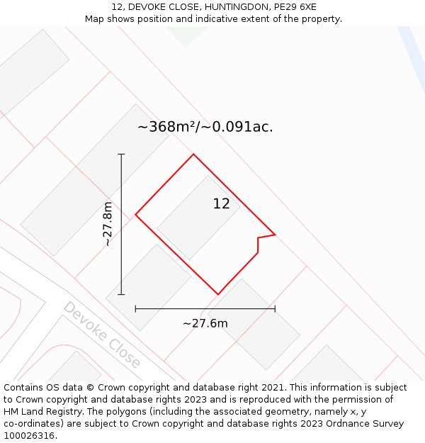 12, DEVOKE CLOSE, HUNTINGDON, PE29 6XE: Plot and title map