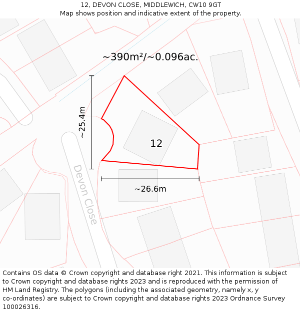 12, DEVON CLOSE, MIDDLEWICH, CW10 9GT: Plot and title map