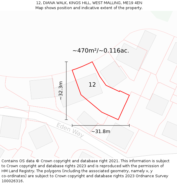 12, DIANA WALK, KINGS HILL, WEST MALLING, ME19 4EN: Plot and title map