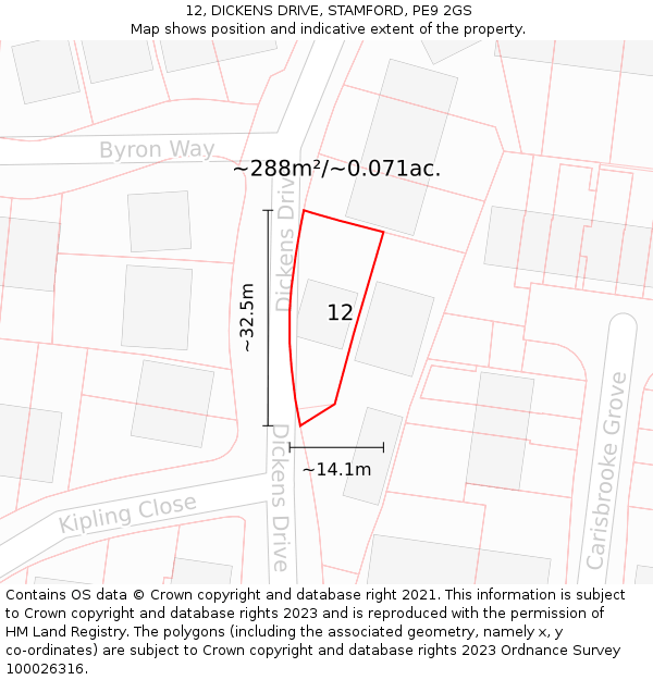 12, DICKENS DRIVE, STAMFORD, PE9 2GS: Plot and title map