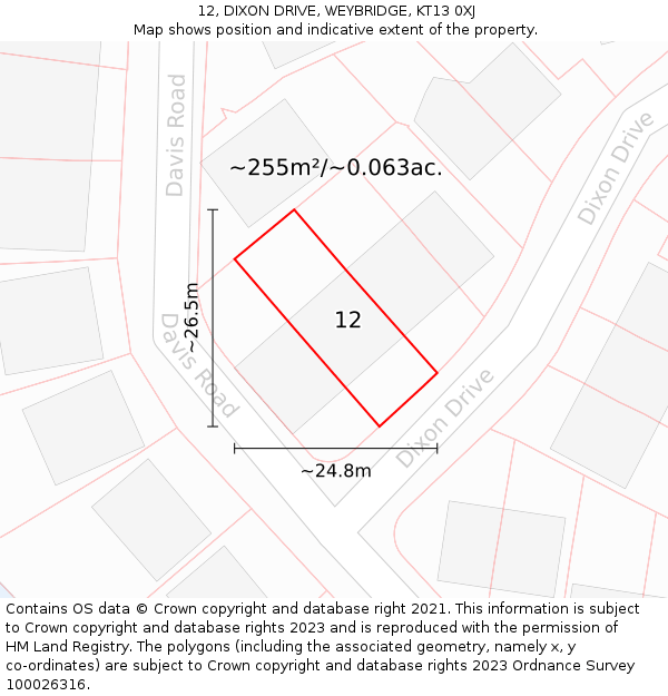 12, DIXON DRIVE, WEYBRIDGE, KT13 0XJ: Plot and title map