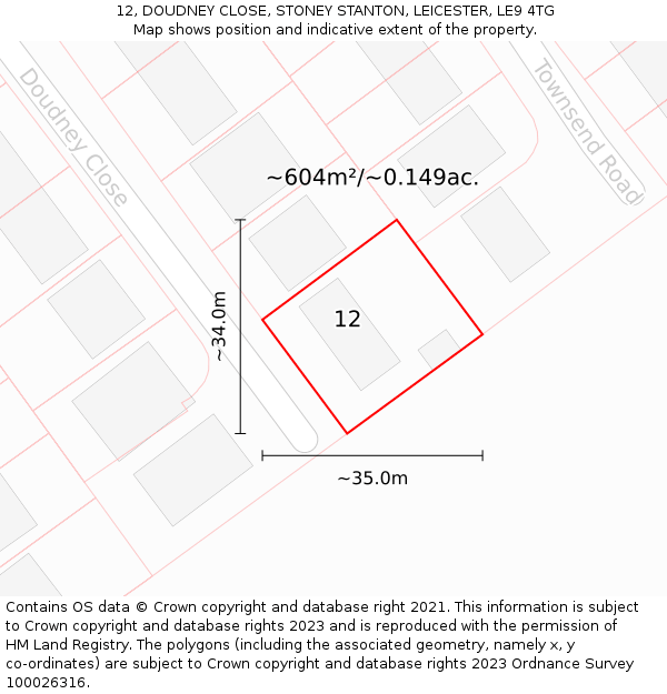 12, DOUDNEY CLOSE, STONEY STANTON, LEICESTER, LE9 4TG: Plot and title map