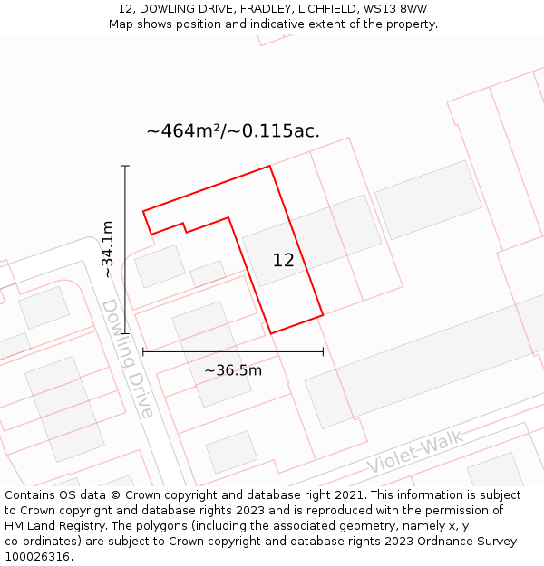 12, DOWLING DRIVE, FRADLEY, LICHFIELD, WS13 8WW: Plot and title map