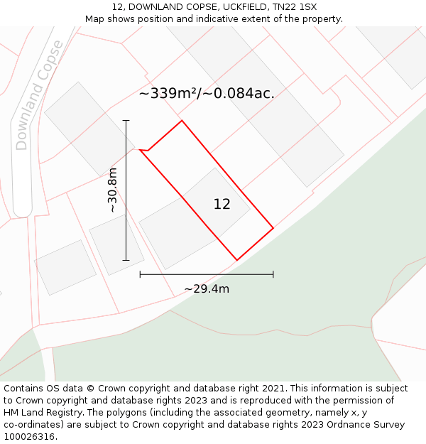 12, DOWNLAND COPSE, UCKFIELD, TN22 1SX: Plot and title map