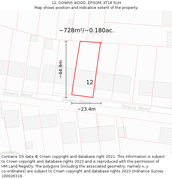 12, DOWNS WOOD, EPSOM, KT18 5UH: Plot and title map