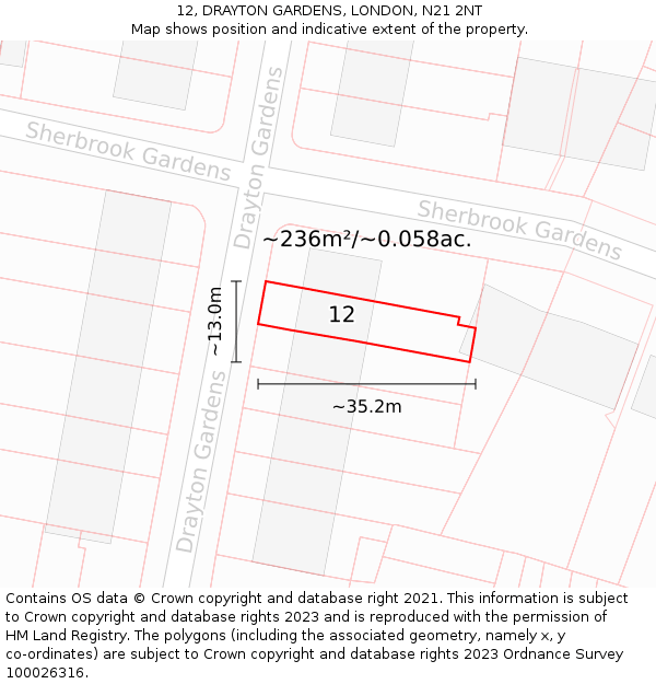 12, DRAYTON GARDENS, LONDON, N21 2NT: Plot and title map