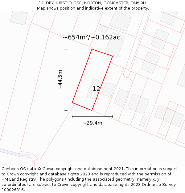 12, DRYHURST CLOSE, NORTON, DONCASTER, DN6 9LL: Plot and title map