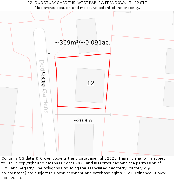 12, DUDSBURY GARDENS, WEST PARLEY, FERNDOWN, BH22 8TZ: Plot and title map