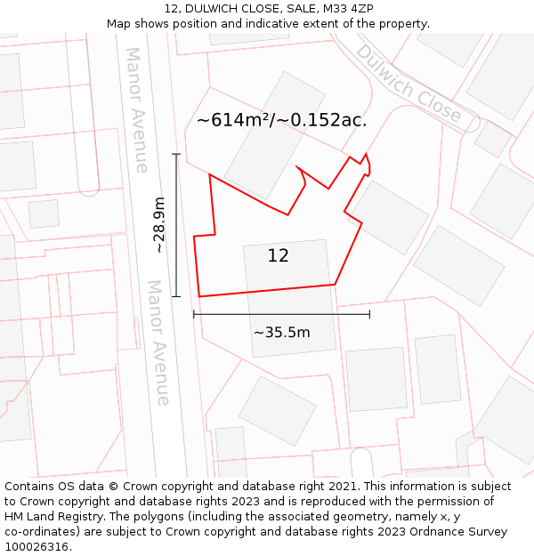 12, DULWICH CLOSE, SALE, M33 4ZP: Plot and title map