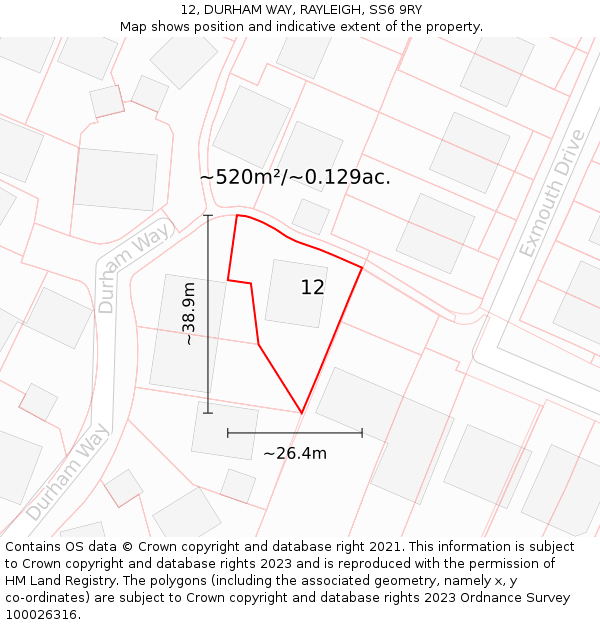 12, DURHAM WAY, RAYLEIGH, SS6 9RY: Plot and title map