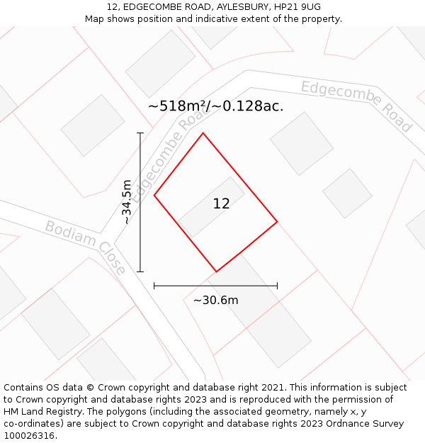 12, EDGECOMBE ROAD, AYLESBURY, HP21 9UG: Plot and title map