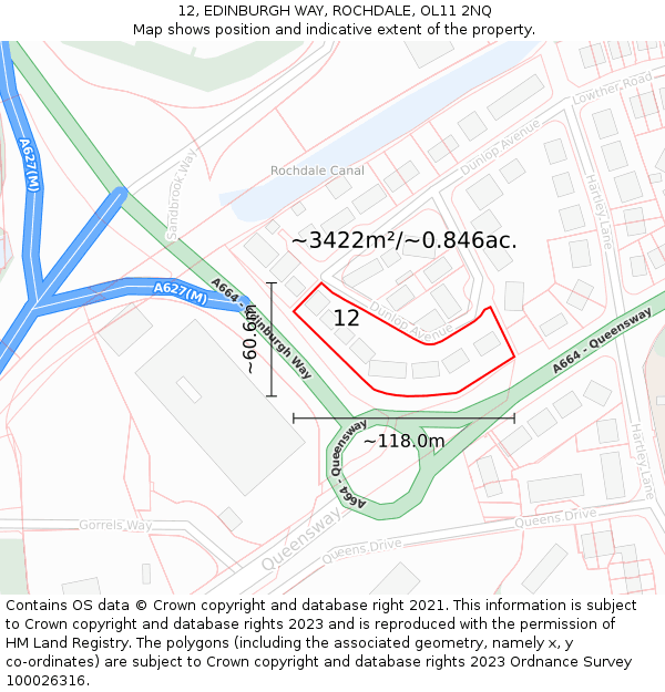 12, EDINBURGH WAY, ROCHDALE, OL11 2NQ: Plot and title map