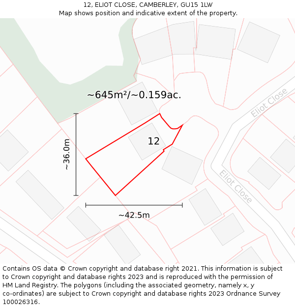 12, ELIOT CLOSE, CAMBERLEY, GU15 1LW: Plot and title map