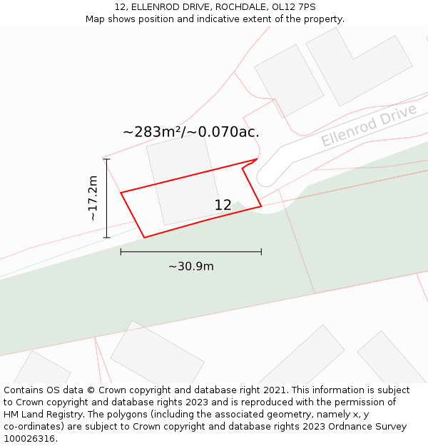 12, ELLENROD DRIVE, ROCHDALE, OL12 7PS: Plot and title map