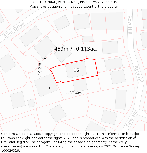 12, ELLER DRIVE, WEST WINCH, KING'S LYNN, PE33 0NN: Plot and title map